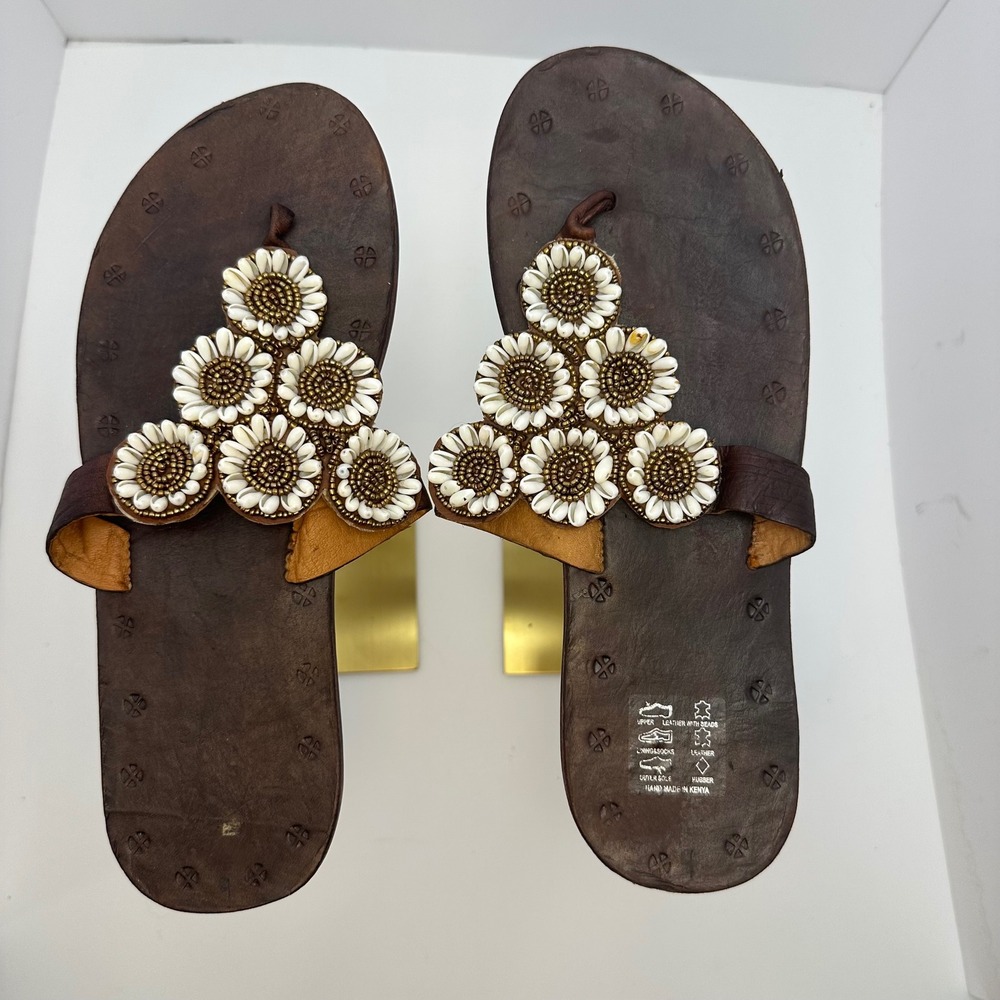 Handmade in Kenya Womens Leather Shell Beaded Floral Thong‎ Sandals Brown Flat